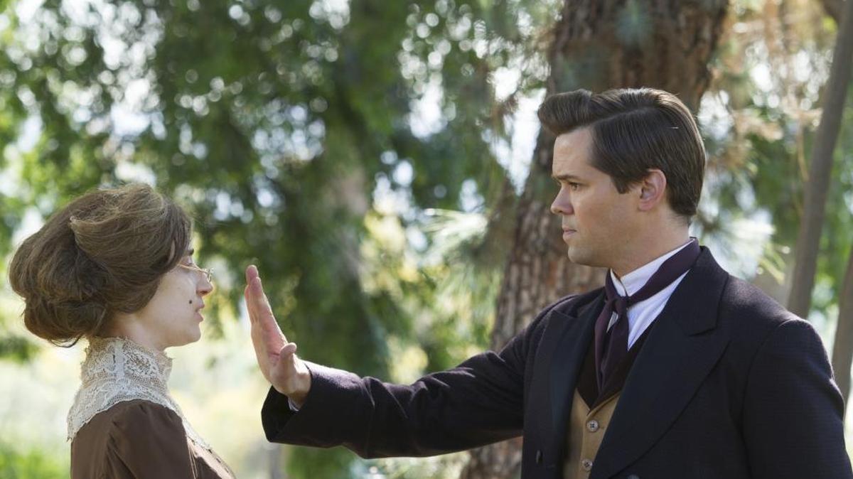 Lauren Flans, left, as Hortense Bellacort and Andrew Rannells as Bertram Harrison Fusselforth VII in Comedy Central’s “Another Period.”