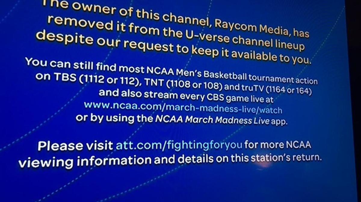 AT&T U-verse customers who tune to WBTV (Channel 3) get this message instructing them about options to see NCAA games.