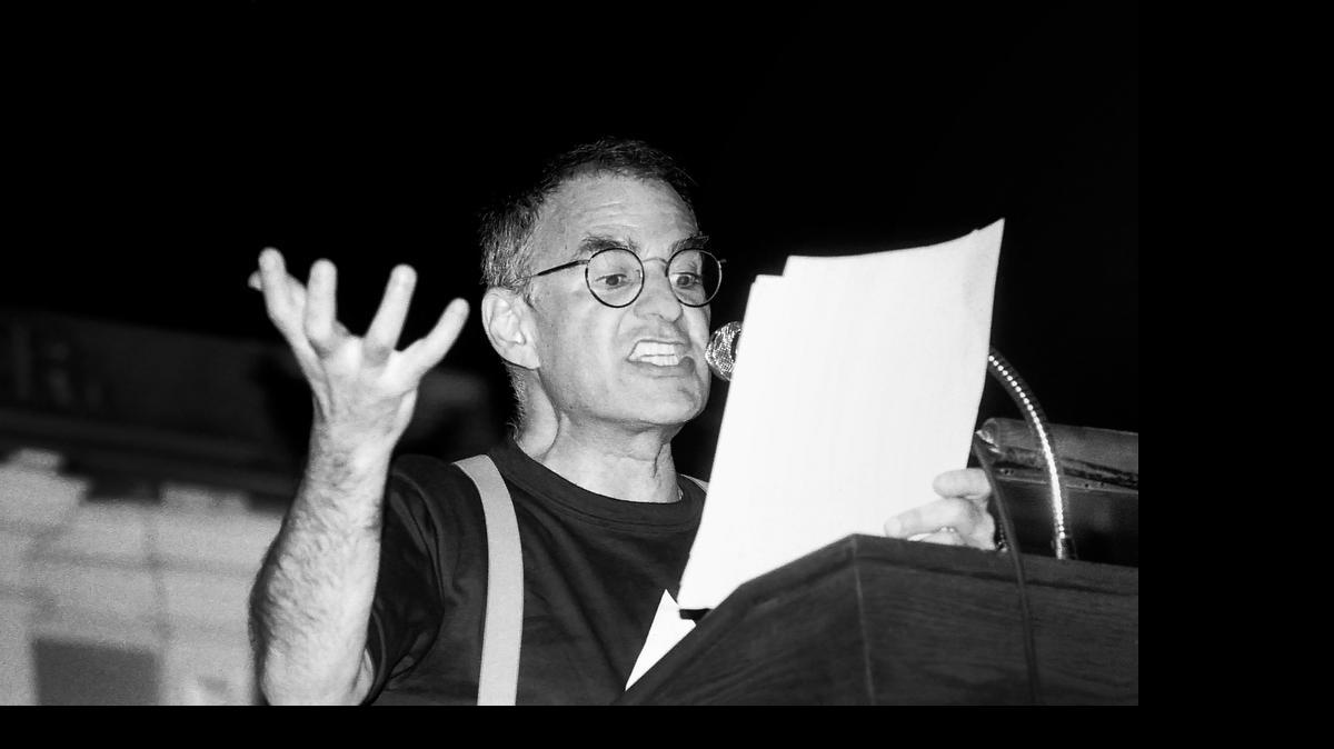 
Larry Kramer speaking at a Boston Gay Town Meeting in 1987. 
