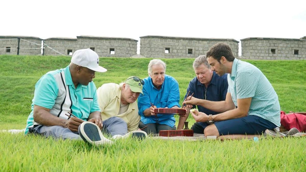 (L-R): George Foreman, Terry Bradshaw, Henry Winkler, William Shatner and Jeff Dye have traveled across the globe in the NBC series “Better Late Than Never.”