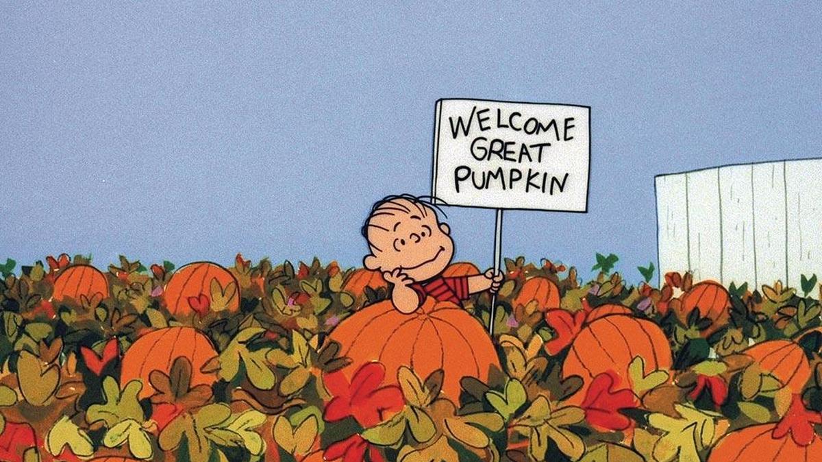 Linus waits in the pumpkin patch for the elusive symbol of Halloween to appear.