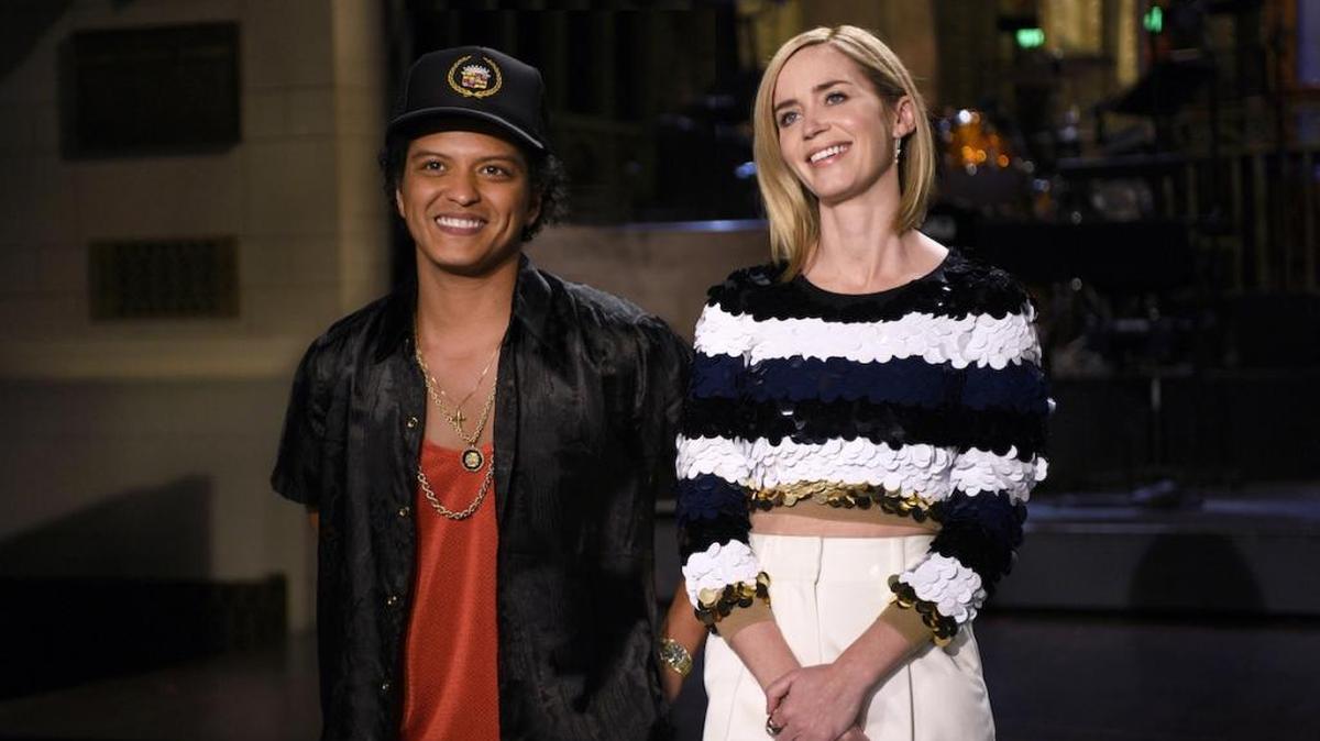 “Saturday Night Live” musical guest Bruno Mars, left, and host Emily Blunt.