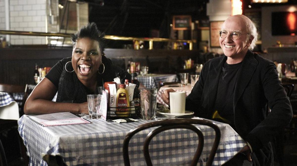 “Saturday Night Live” cast member Leslie Jones (left) and host Larry David.