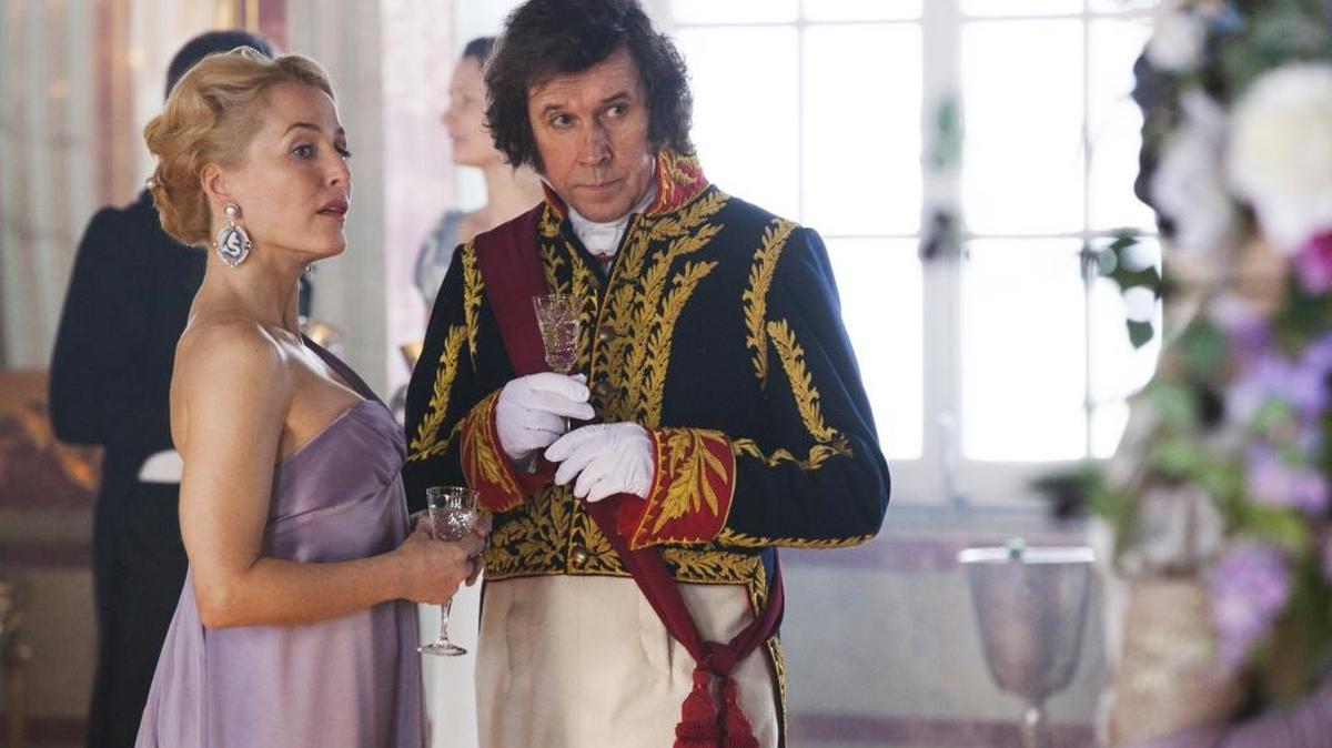 Gillian Anderson, left, as Anna Pavlovna and Stephen Rea as Vassily Kuragin in “War and Peace.”