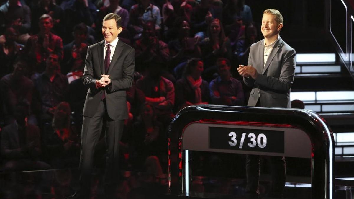 Dan Harris (left) hosts as the all-time greatest “Jeopardy!” winner and best-selling author Ken Jennings (right) competes on “500 Questions.”