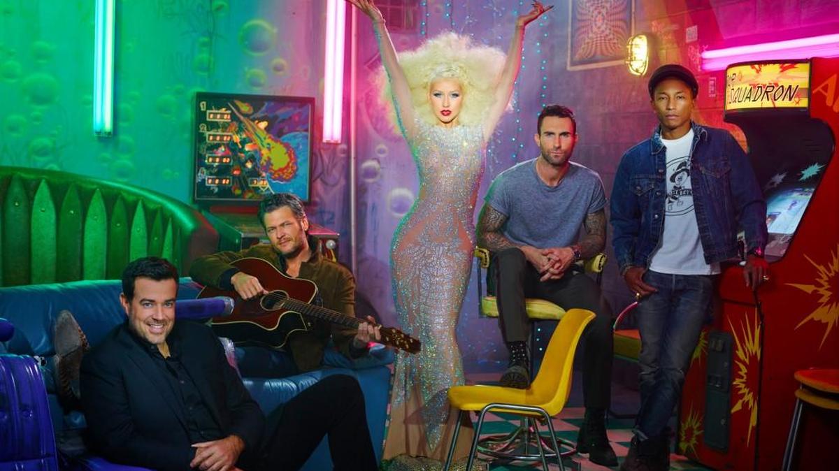 L-R: Carson Daly, Blake Shelton, Christina Aguilera, Adam Levine, Pharrell Williams of “The Voice.”