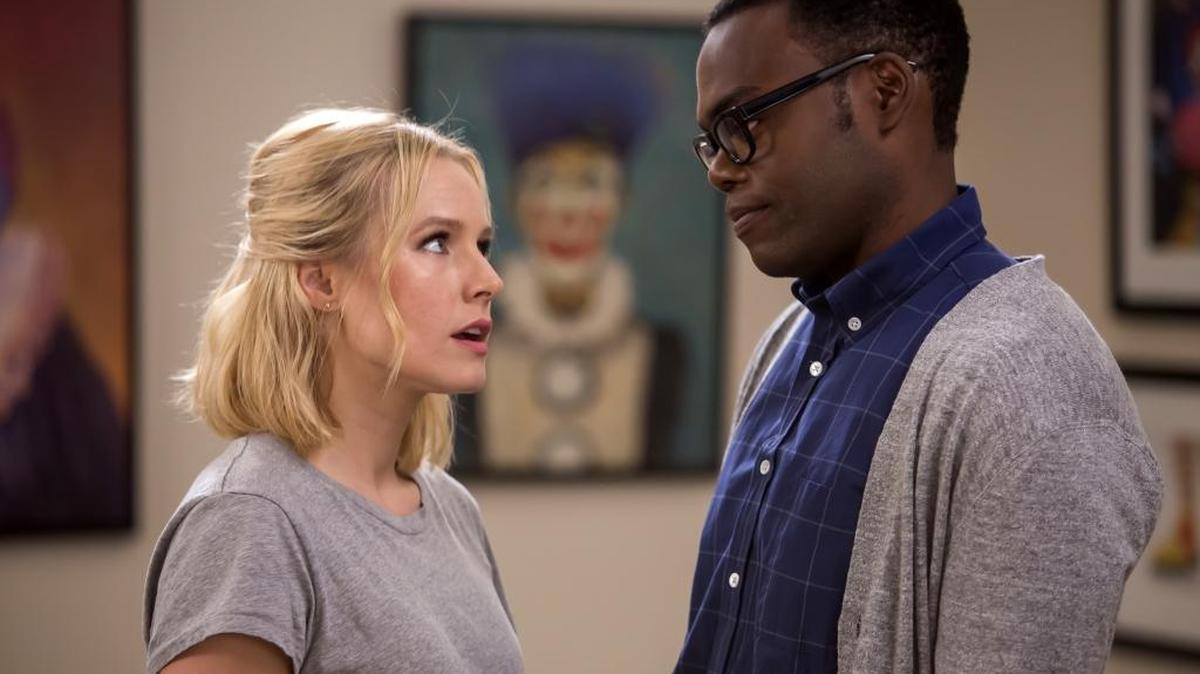 Kristen Bell, left, as Eleanor and William Jackson Harper as Chidi in “The Good Place” on NBC.
