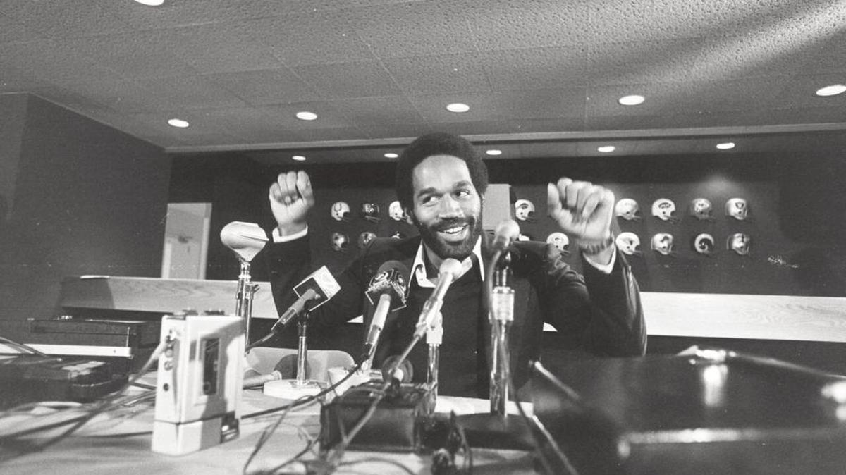 O.J. Simpson at a Rich Stadium press conference circa 1975.