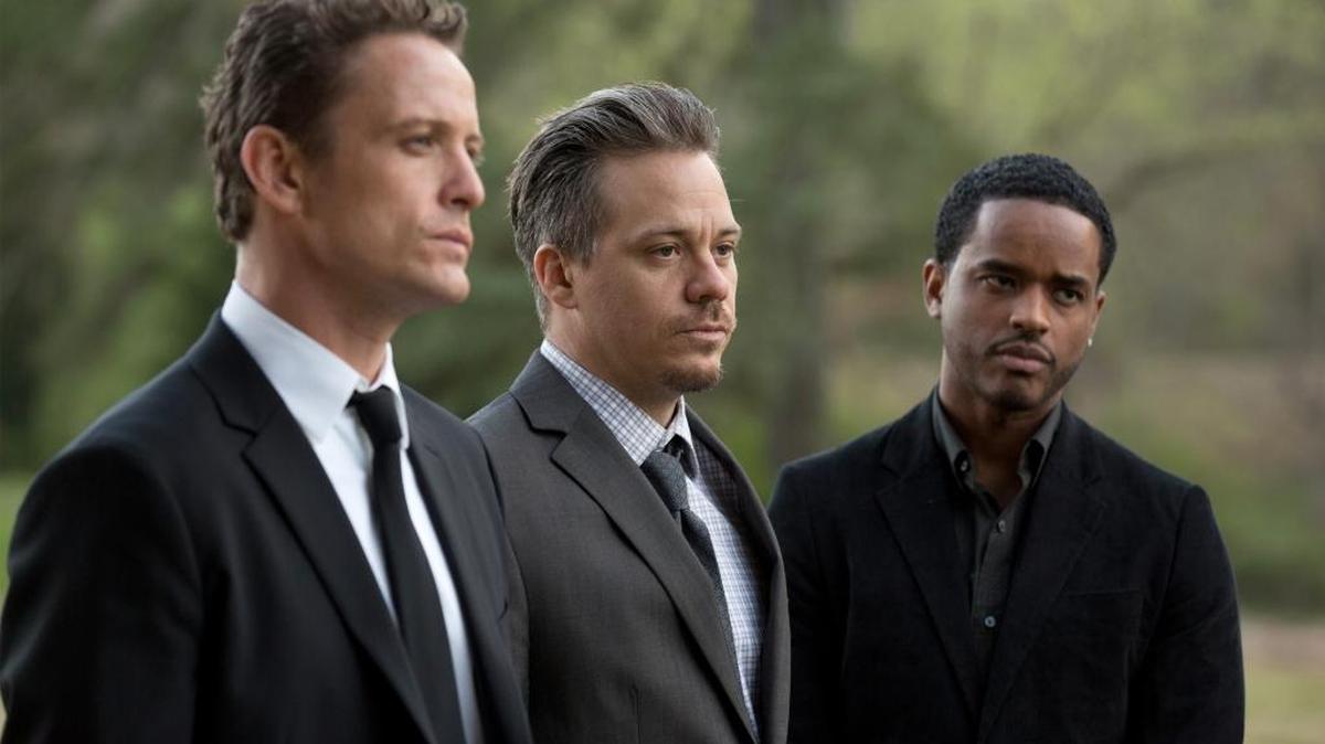 (L-R) David Lyons as Jackson Brooks, Michael Raymond-James as Gil Harris and Larenz Tate as Shawn Polk in “Game of Silence.”
