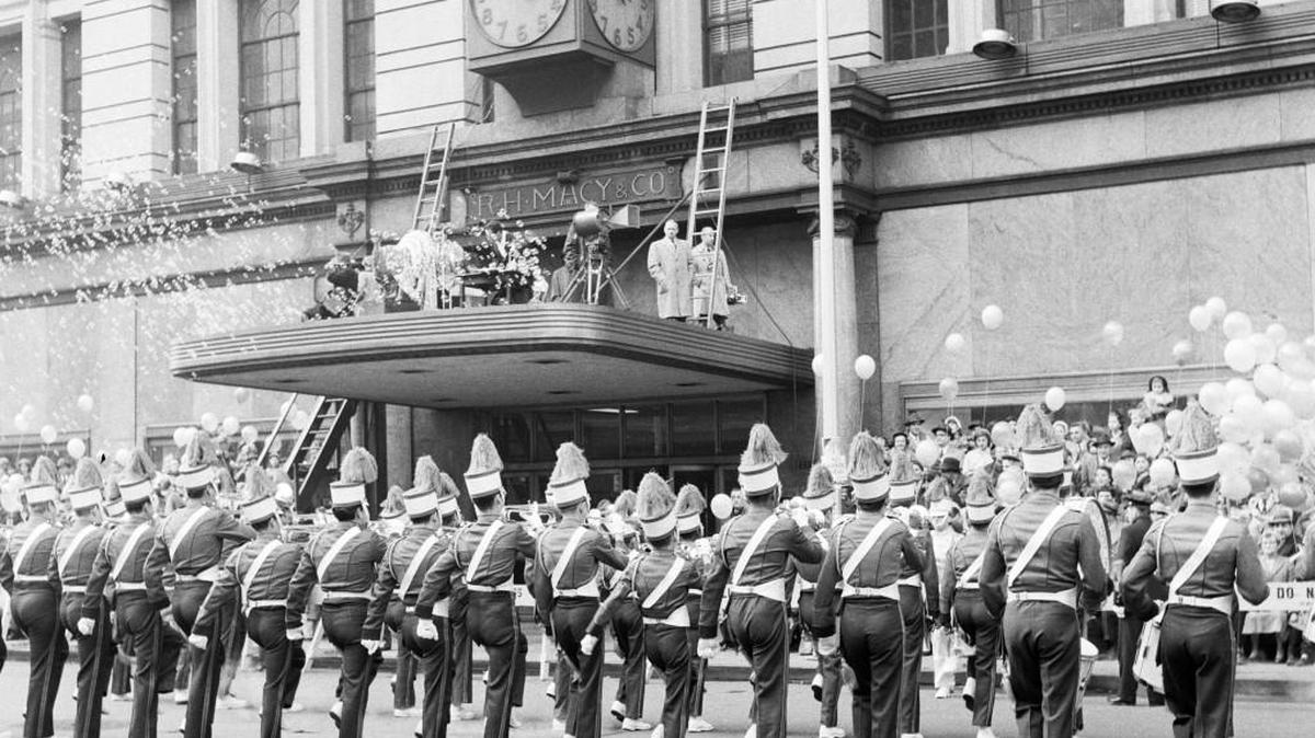 A marching band plays during the 1954 Macy’s Thanksgiving Day Parade in New York City.
