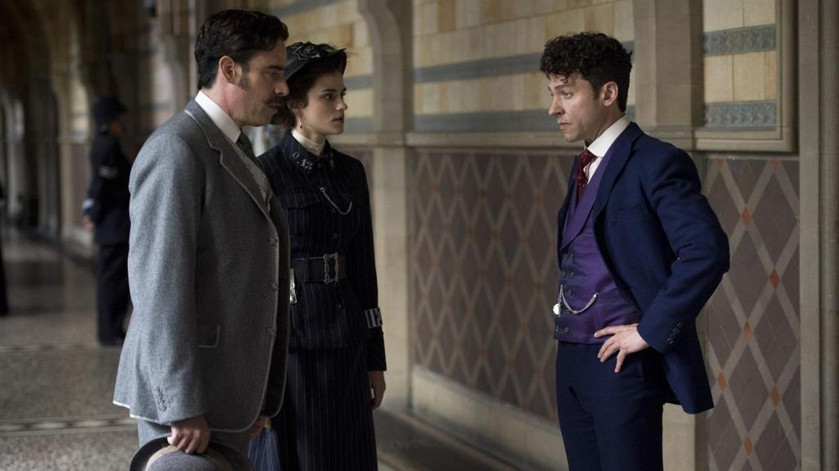 (L-R): Stephen Magadan, Rebecca Liddiard and Michael Weston in the “Houdini & Doyle” on Fox.