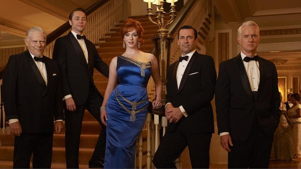 
(L-R): Robert Morse, Vincent Kartheiser, Christina Hendricks, Jon Hamm and John Slattery from AMC’s “Mad Men.” 
