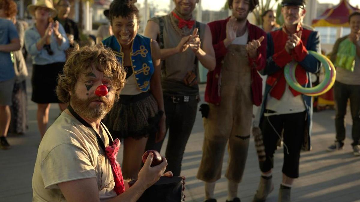 Zach Galifianakis, far left, as Chip Baskets in “Baskets” on FX. Also pictured (L-R): Eva La Dare as Cypher, Tobias Jelinek as Morpheus, Brett Loudermilk as Mouse and Christopher Wonder as Tank.