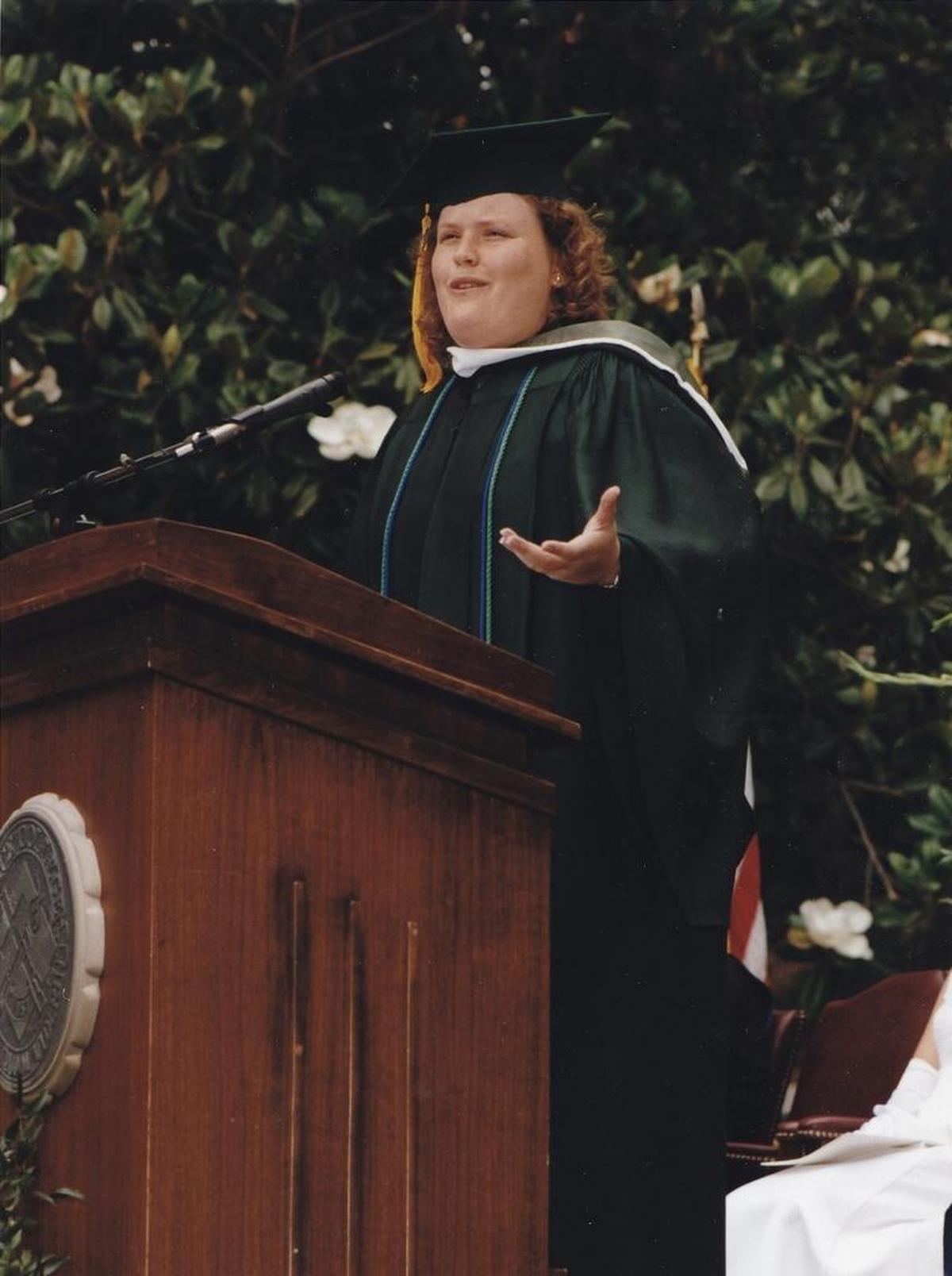 Fortune Feimster addresses fellow graduates at Peace University in Raleigh in 2002, during a speech that received a standing ovation.