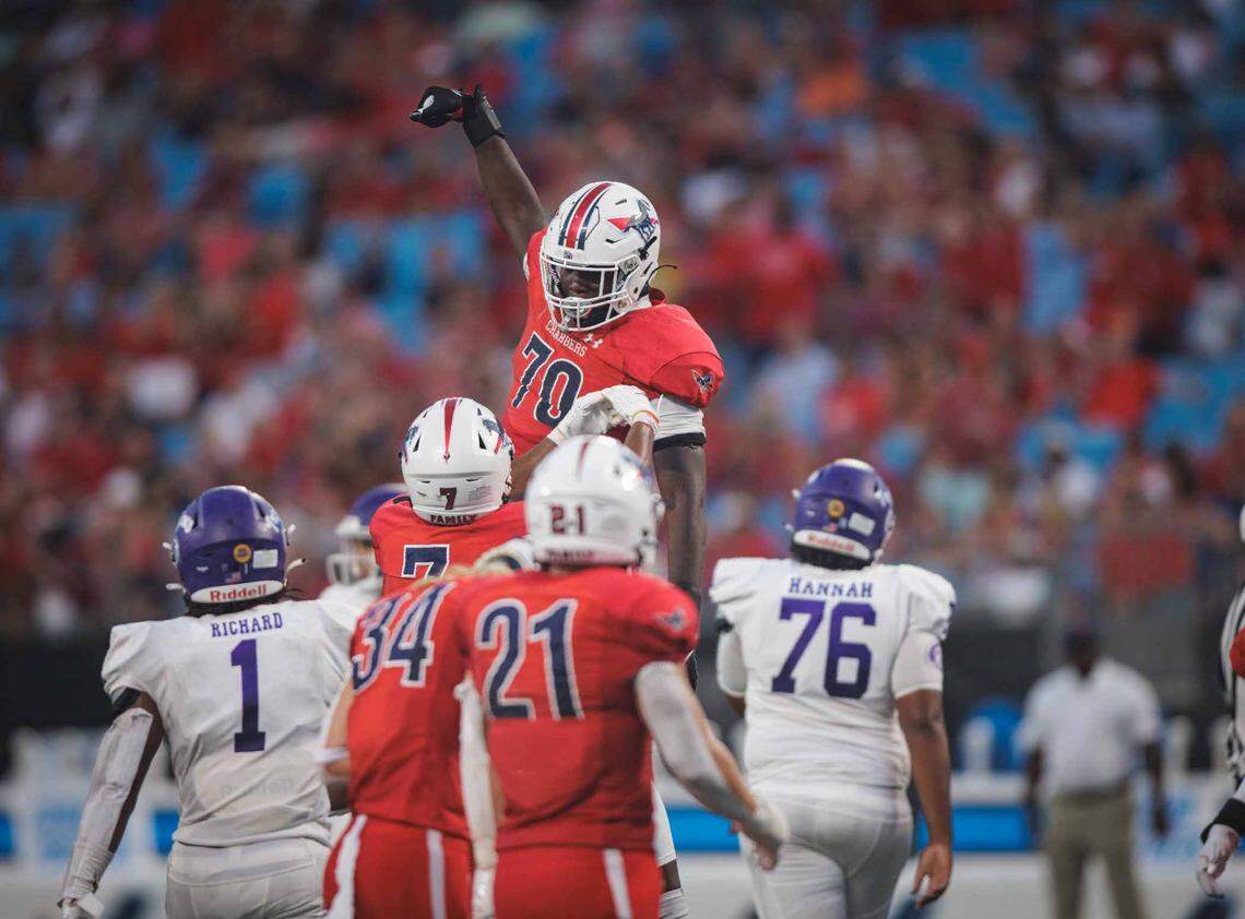 Providence Day’s David Sanders celebrates his sack. Providence Day would play Northwestern in the Keep Pounding High School Classic on Saturday, August 19, 2023 at Bank of America Stadium.