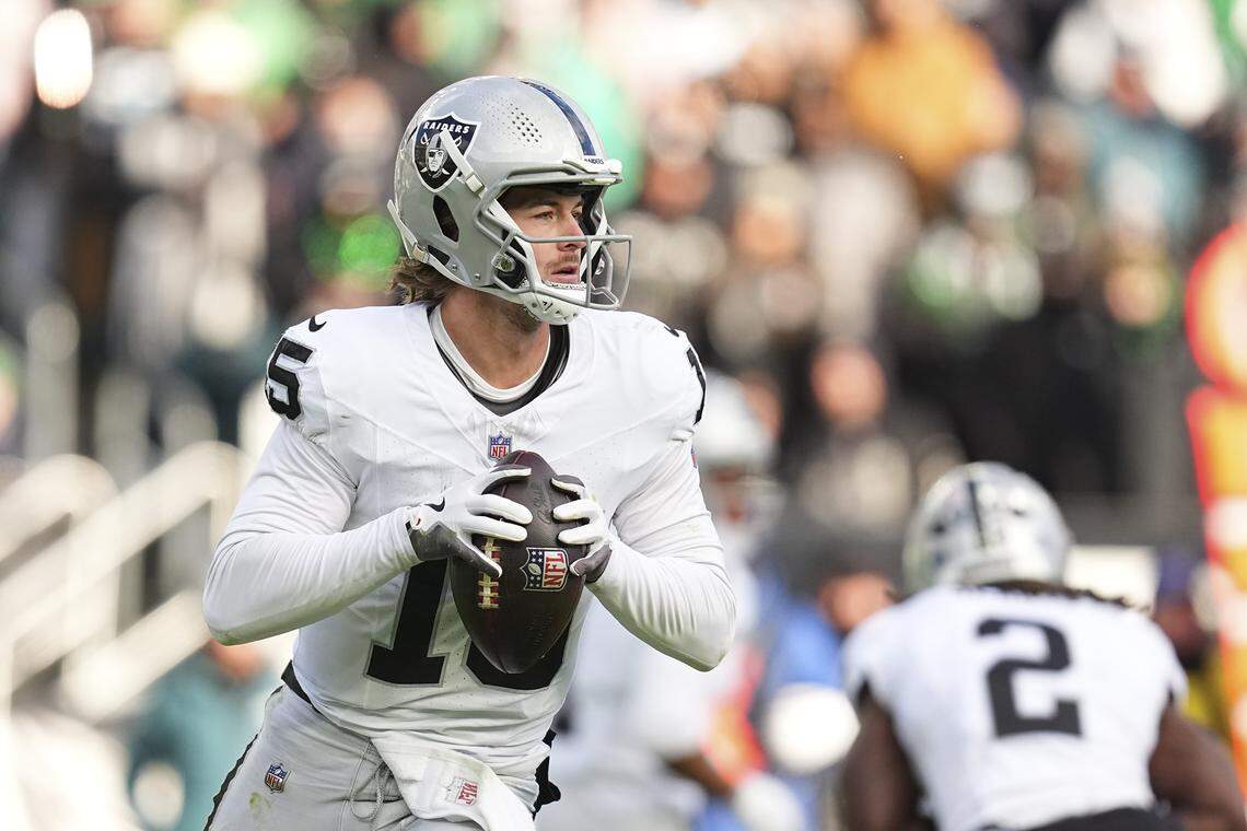 Then-Las Vegas Raiders quarterback Kenny Pickett during a 2025 game. 