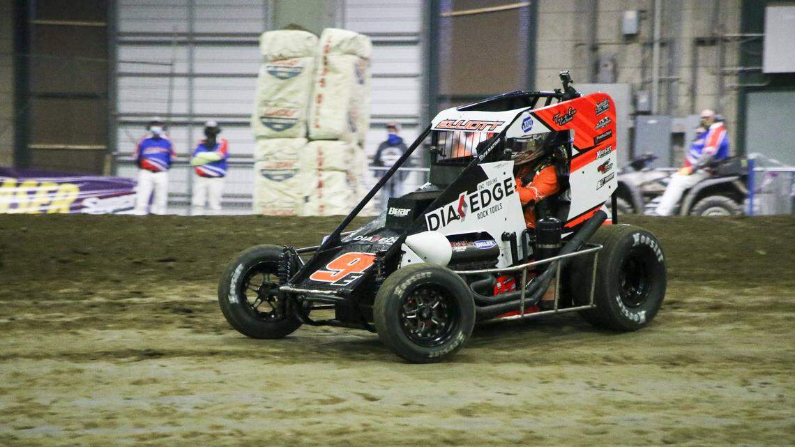 Chase Elliot drives his car during the Chili Bowl at Expo Square on Wednesday, Jan. 13, 2021, in Tulsa, Okla. (Ian Maule/Tulsa World via AP)