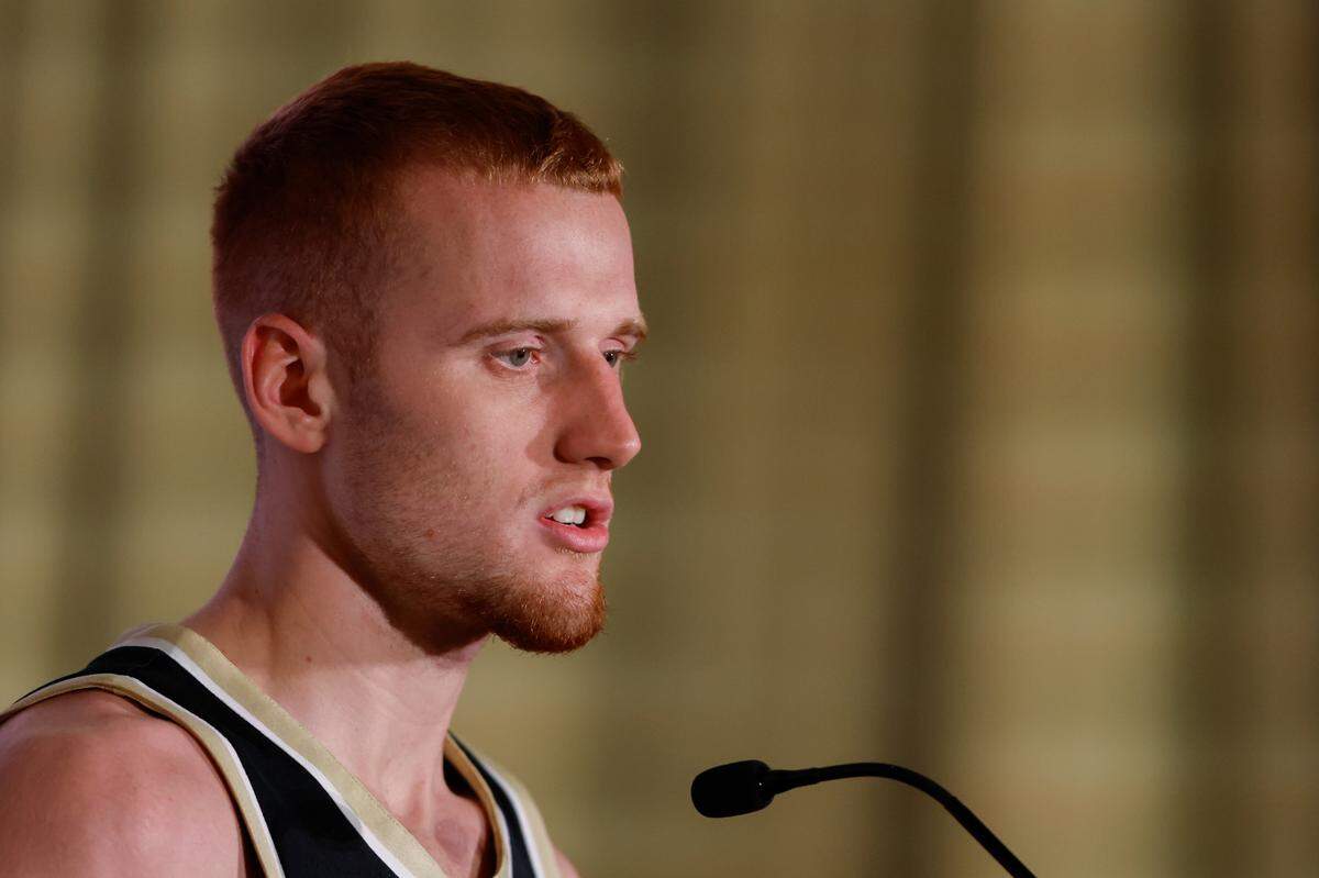 Wake Forest guard Cameron Hildreth speaks to the media at the 2024 ACC Tipoff in Charlotte, N.C., Thursday, Oct. 10, 2024.