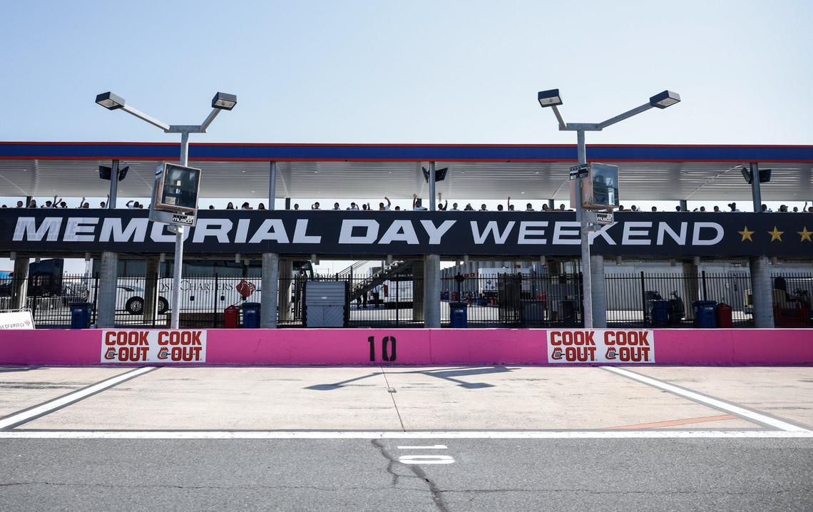 The wall on pit road has been painted pink to honor breast cancer awareness for the upcoming Roval 400 at Charlotte Motor Speedway on Tuesdday, Oct. 8, 2024.