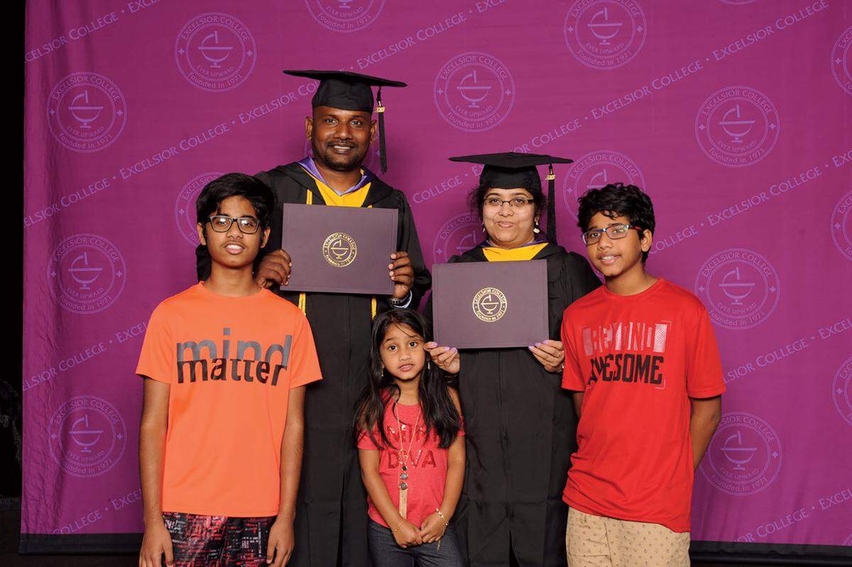 The Yerra family, photographed in 2017 at Excelsior College’s spring commencement. From left to right: Shashi, Ravi, Nidhi, Durga and Kamal.