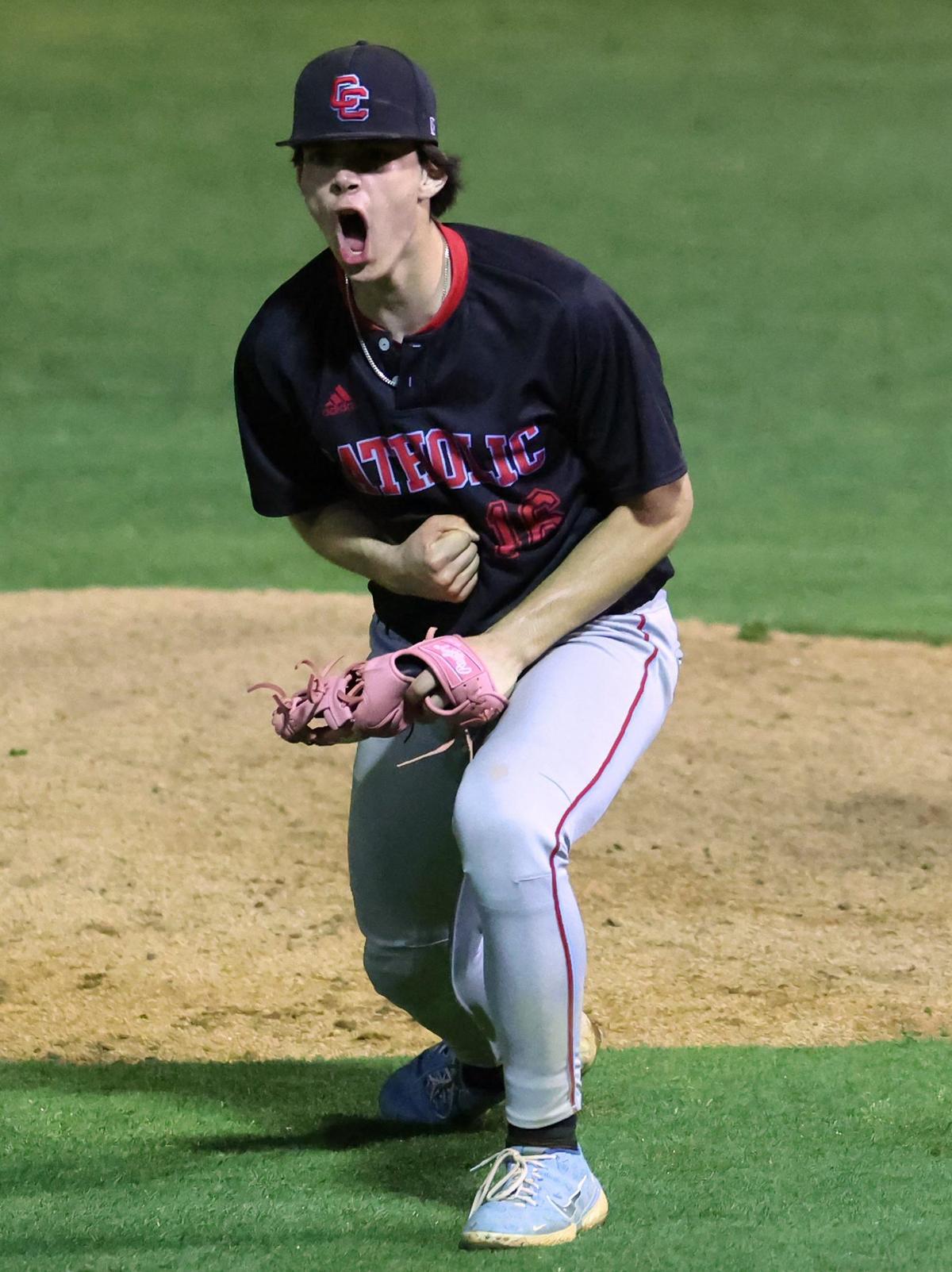 Charlotte Catholic pitcher Alex Hoffman celebrates the final out against Providence High on Thursday, May 2, 2024 in the Southwestern 4A Championship game at Granger High School. Catholic defeated Providence 6-4.