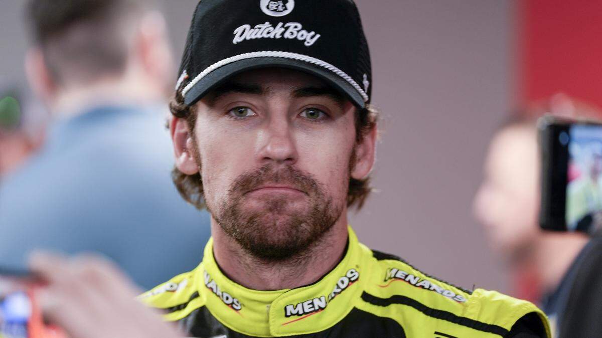 NASCAR Cup Series driver Ryan Blaney (12) talks with media at Darlington Raceway. 