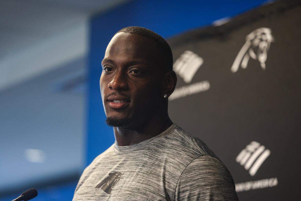 Carolina Panthers outside linebacker Nic Scourton speaks to media during training camp on July 22, 2025, at Bankof America Stadium.