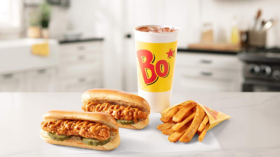 The Bo’s Bird Dog at Bojangles, made with a Chicken Supreme chicken tender inside a toasted potato bun with pickles and Bo’s Carolina Gold BBQ Sauce.