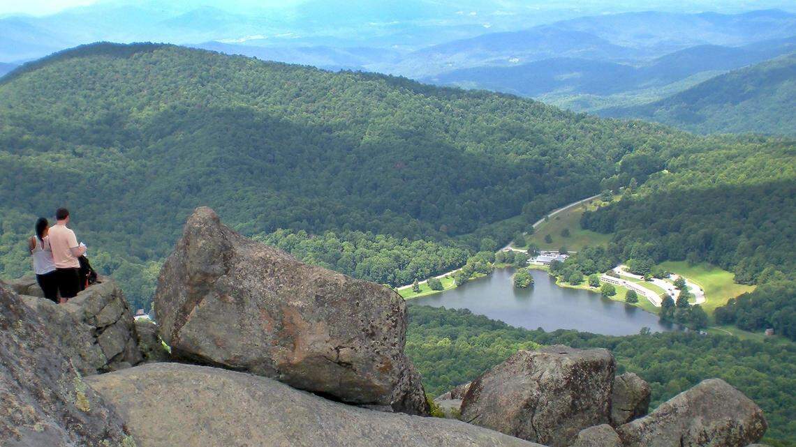 The peak of Sharp Top Mountains is reached by a 1.5 mile trail that “ascends 1,300 vertical feet through the forests ... to spectacular 360° views of the Peaks of Otter and surrounding landscape,” according to the National Park Service.