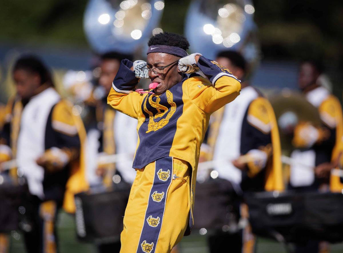 Johnson C Smith University Marching Band perform during homecoming football game. The Bulls go to 7-0 as they defeat Shaw University 21-14 Saturday October 19, 2024.