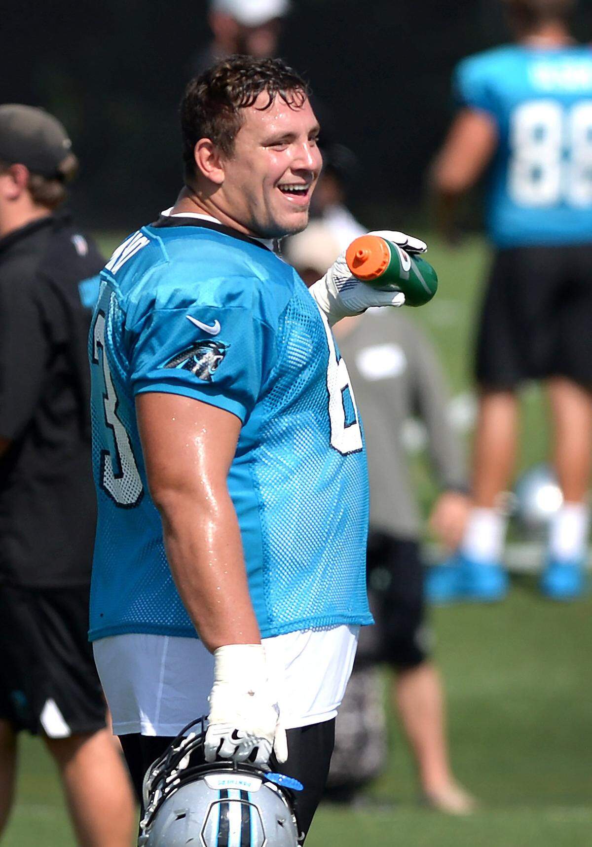 Carolina Panthers guard Brendan Mahon has made an early impression on the coaching staff and is competing for the left guard position despite being an undrafted free agent rookie.