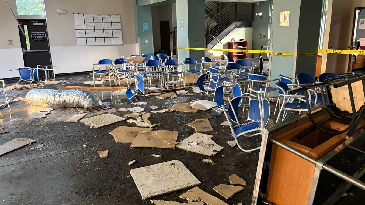 Damage caused by the thunderstorm caused the ceiling to collapse into the dining room.