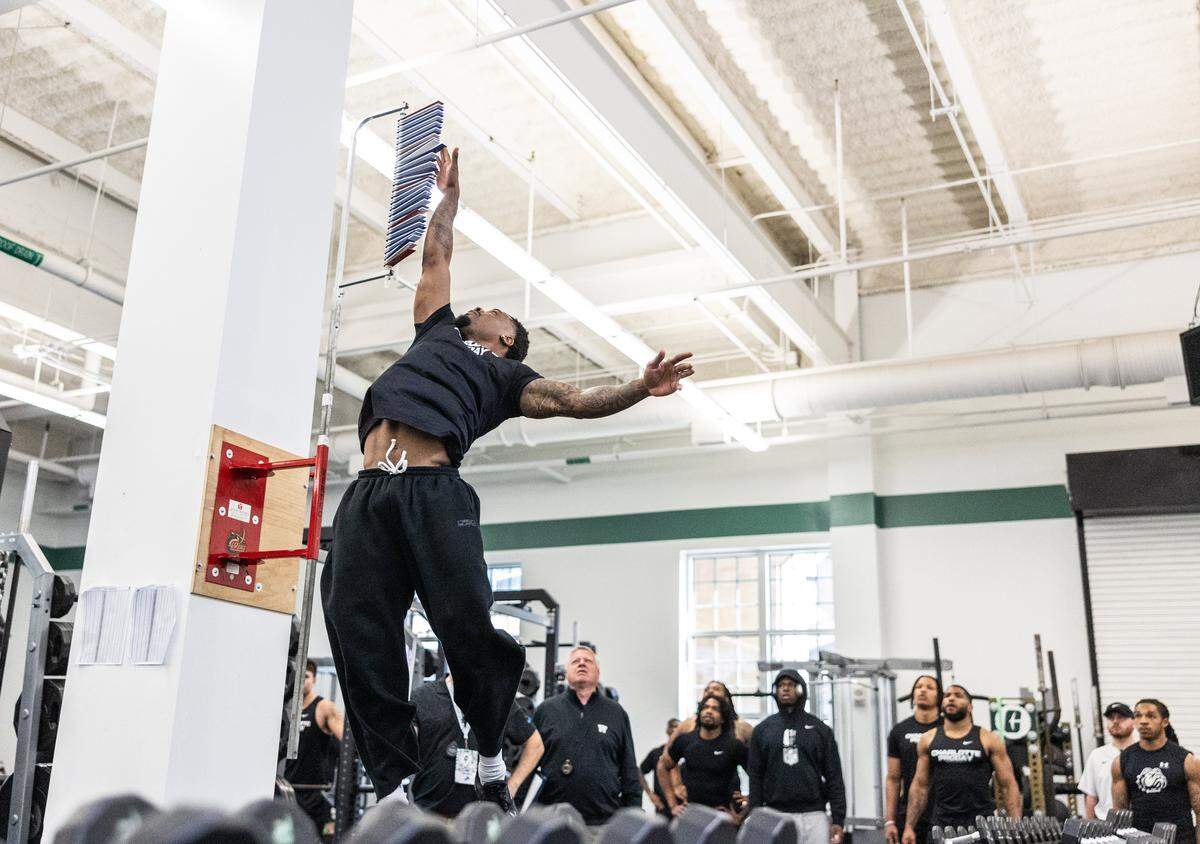 Charlotte 49ers defensive back Ja’Qurious Conley does a vertical jump during the pro day at Jerry Richardson Stadium in Charlotte, North Carolina, on Thursday, March 26, 2026.