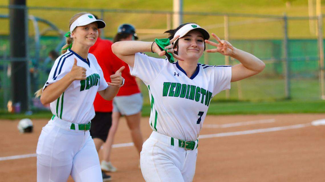 Weddington’s Adrianna Lamantia celebrates her team’s win over Northwest Guilford in Game 1 of the NCHSAA 3A Western Regional softball series Tuesday.