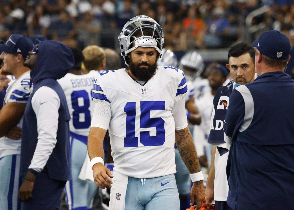 Dallas Cowboys quarterback Will Grier returns to the sideline after a touchdown against the Jacksonville Jaguars on Aug. 12, 2023, at AT&T Stadium in Arlington, Texas.