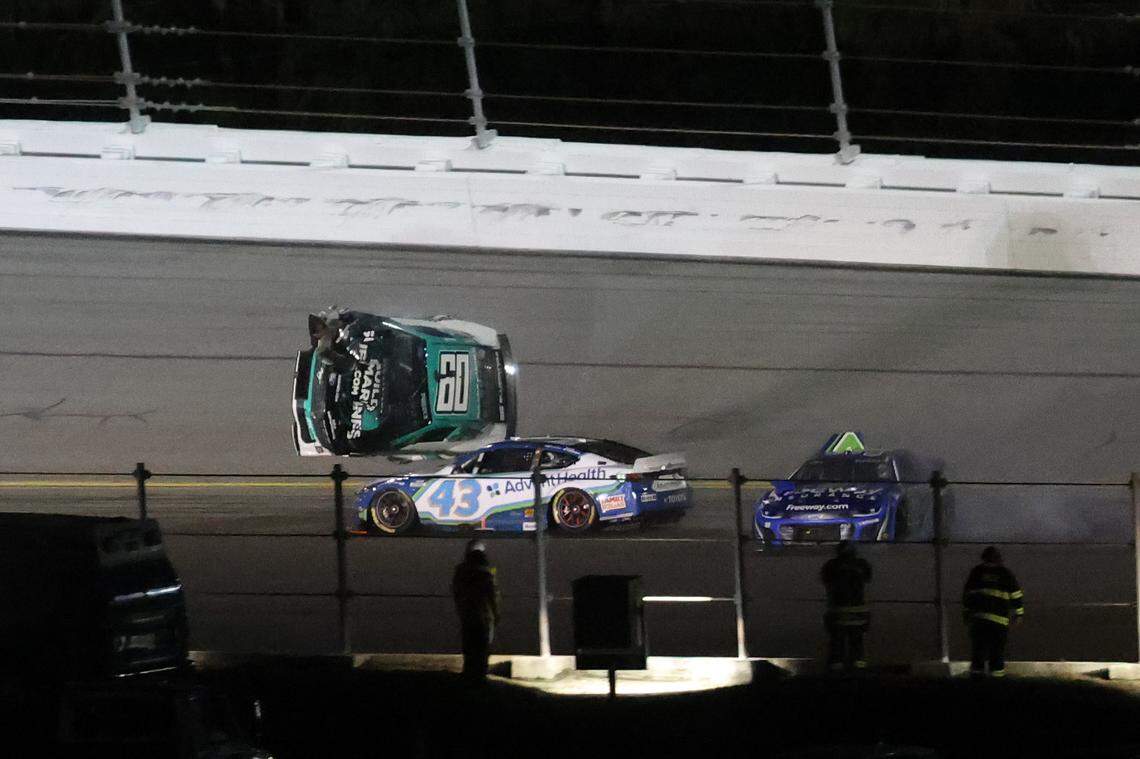NASCAR Cup Series driver Ryan Preece (60) gets airborne after a wreck during the Daytona 500 at Daytona International Speedway. Mark J. Rebilas-Imagn Images