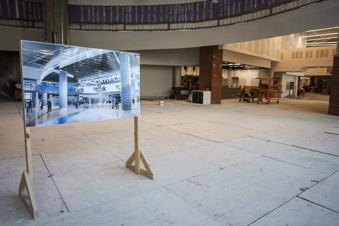 A rendering in the main lobby shows what the space will look like during a Spectrum Center Hardhat tour for construction updates in Charlotte, NC on Monday, Aug. 25, 2025. Construction is expected to be finished in October of this year and will officially open Oct. 19 for the first of two performances by music artist Billie Eilish. 