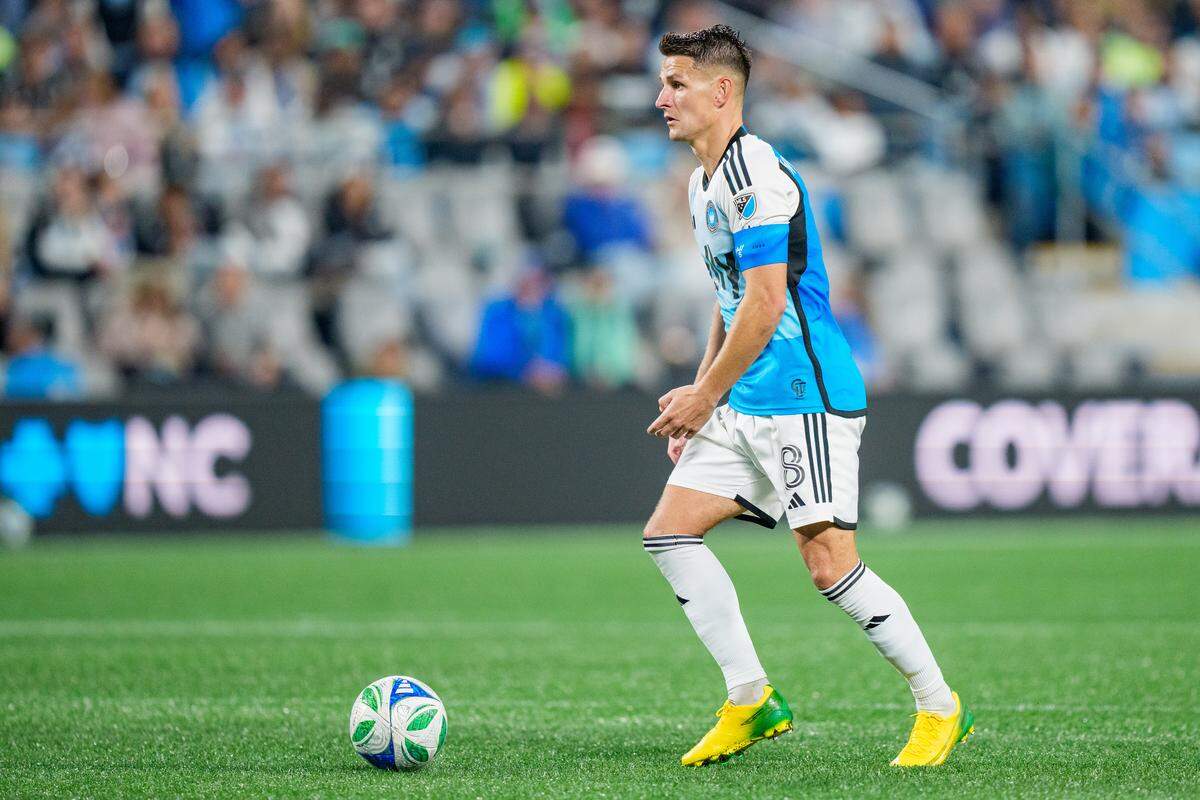Ashley Westwood of Charlotte FC plays against New York City FC during a Nov. 7, 2025 game at Bank of America Stadium.