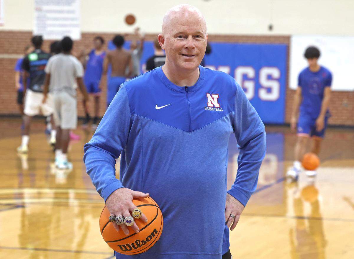 North Meck Vikings head basketball coach Duane Lewis on Wednesday, November 5, 2025. Lewis has won four NCHSAA championships in his career at the school. The 2025 North Meck boys basketball team is ranked No.1 in the preseason sweet 16.