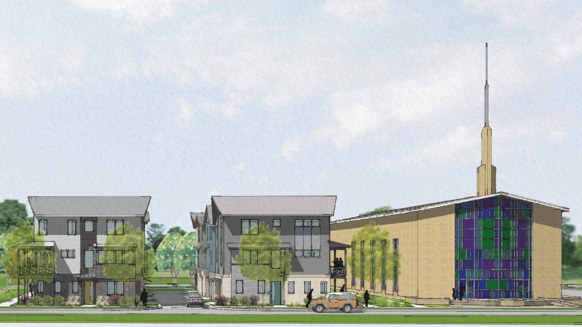 A rendering shows the proposed NoDa project that would include 16 single-family homes, four affordable housing townhomes and a former church building turned into co-working and event space.