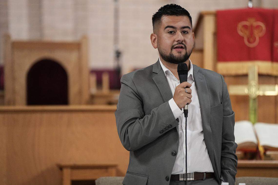 Democratic candidate for Charlotte City Council District 5 Juan Diego (J.D.) Mazuera Arias speaks during a candidate forum, hosted by the Black Political Caucus of Charlotte-Mecklenburg Saturday, Aug. 2, 2025, in Charlotte, N.C.
