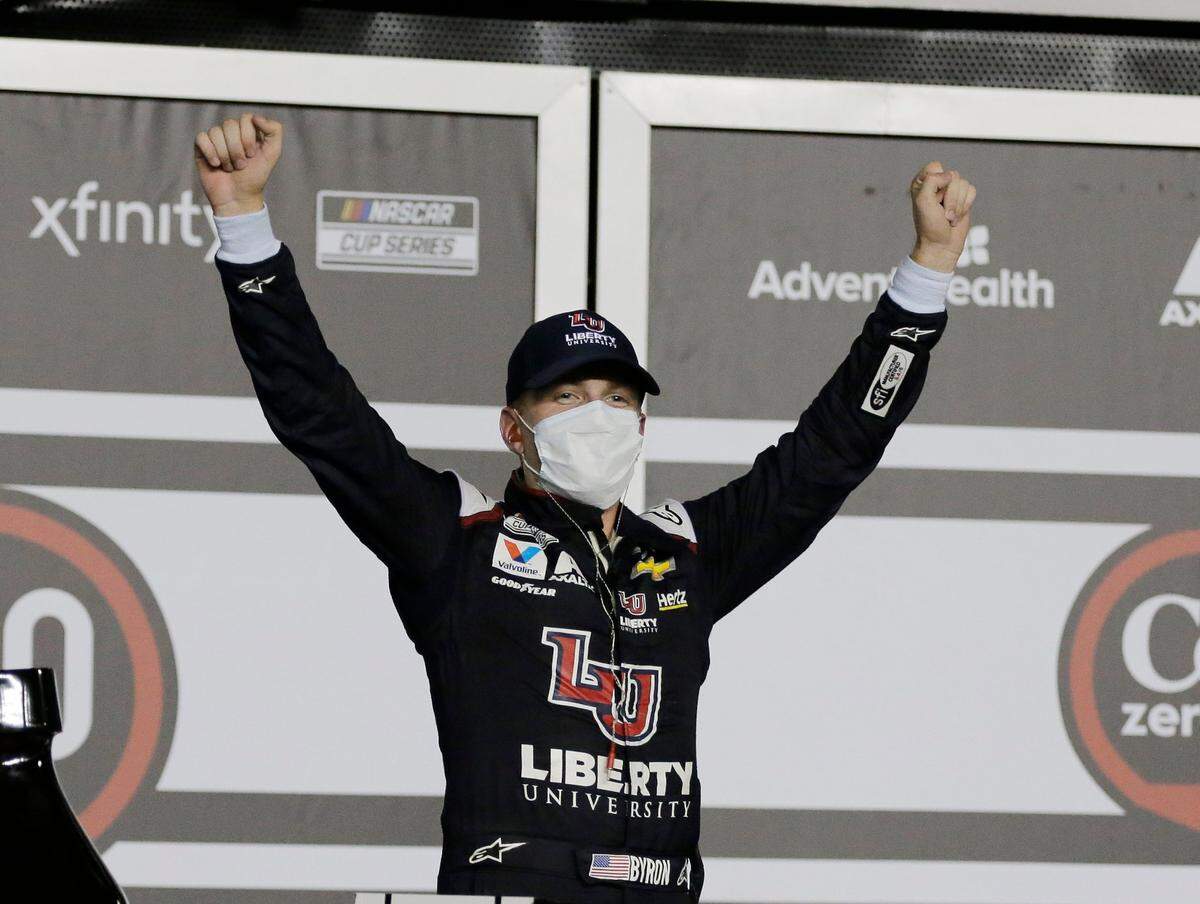 William Byron celebrates in Victory Lane after winning the NASCAR Cup Series auto race at Daytona International Speedway Saturday in Daytona Beach, Fla.
