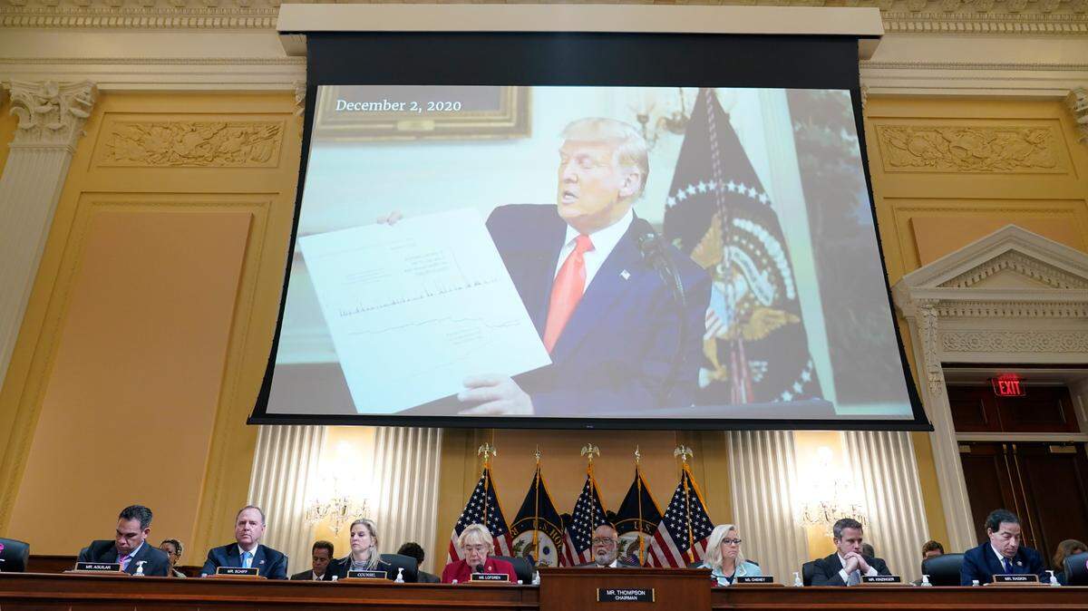 Former President Donald Trump speaks in a video exhibit shown during a House select committee hearing on June 13, 2022. House investigators are trying to make a methodical case that Trump’s lies about the 2020 election led directly to the Jan. 6, 2021 attack at the Capitol.
