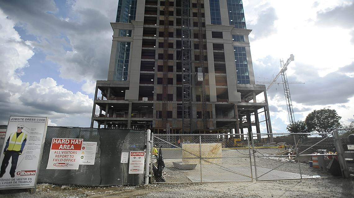 The site of a death in a fall at an uptown Charlotte office building under construction,  part of the Legacy Union development, on the former Charlotte Observer site on Wednesday, May 23, 2018.