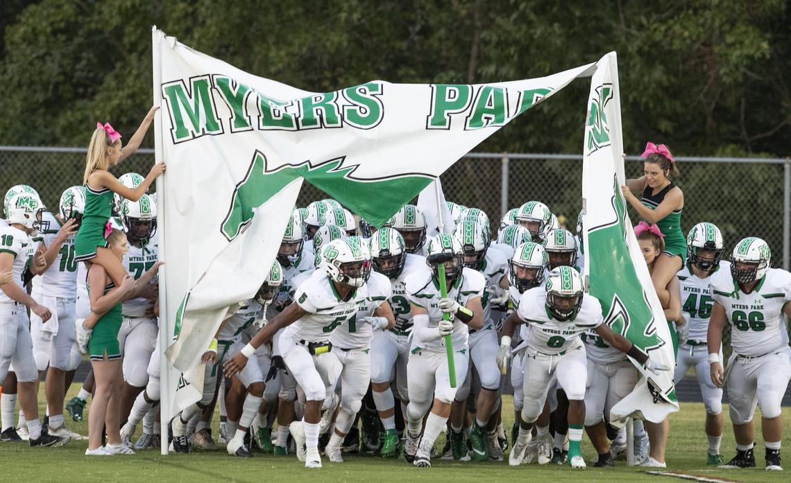 The Myers Park Mustangs take the field to face Butler at a prep football game at Butler High School Friday, October 5, 2018 in Matthews, NC. Photo by JASON E. MICZEK - Special to the Observer