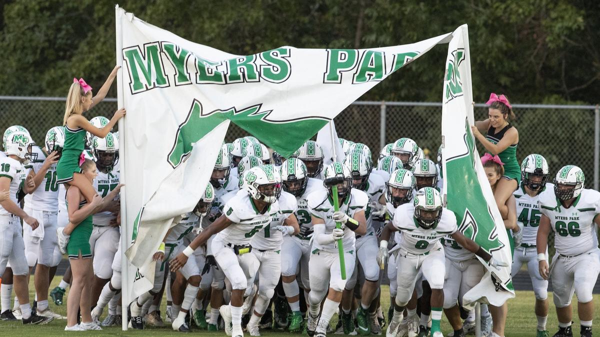 The Myers Park Mustangs take the field to face Butler at a prep football game at Butler High School Friday, October 5, 2018 in Matthews, NC. Photo by JASON E. MICZEK - Special to the Observer