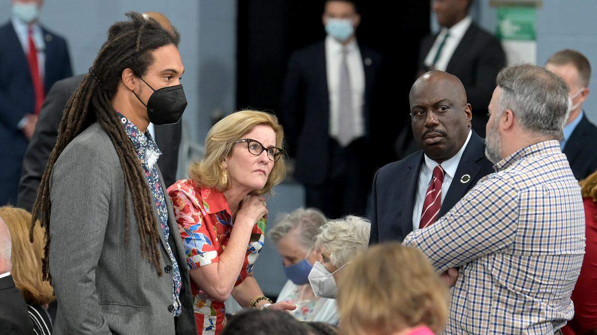 From left, Charlotte City Council members Braxton Winston; Julie Eiselt, who’s not seeking re-election; Malcolm Graham; and Larken Egleston, who made an unsuccesful attempt during the primary to win an at-large seat, gather while waiting for Vice President Kamala Harris to speak on the Affordable Connectivity Program (ACP) at the Carole A. Hoefener Community Services Center in Charlotte, NC on Thursday, July 21, 2022.