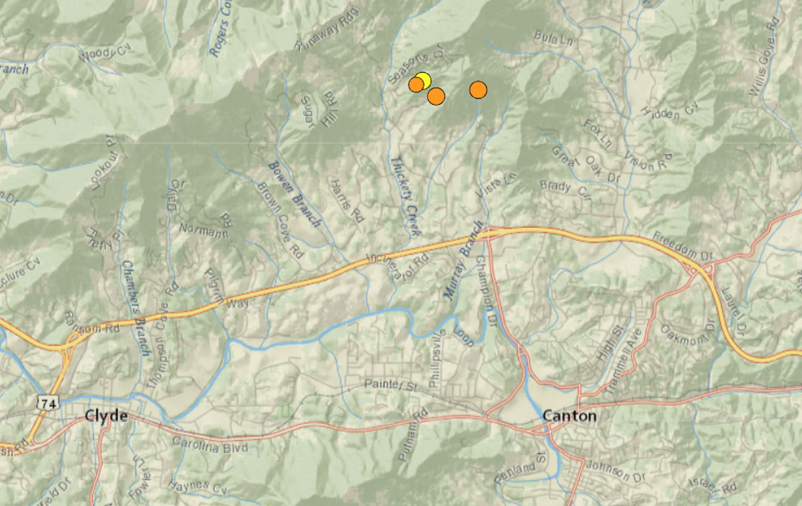 All four earthquakes were centered in a sparsely populated area north of Canton, along the east ridge of Chambers Mountain, maps show.