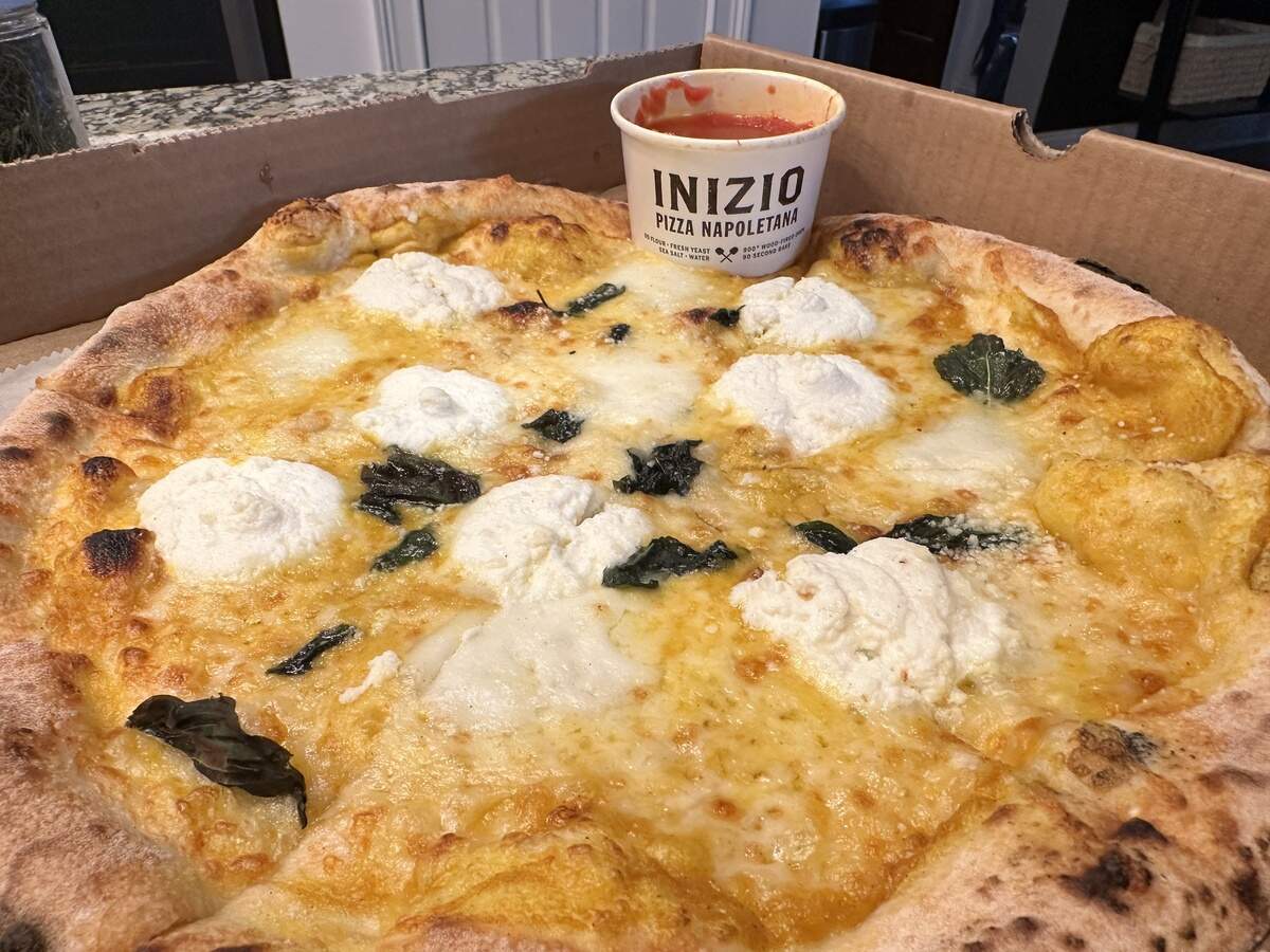 Inizio Pizza Napoletana’s Blanco pizza has buffalo mozzarella, fior di Lltte, ricotta, basil, garlic and pecorino.