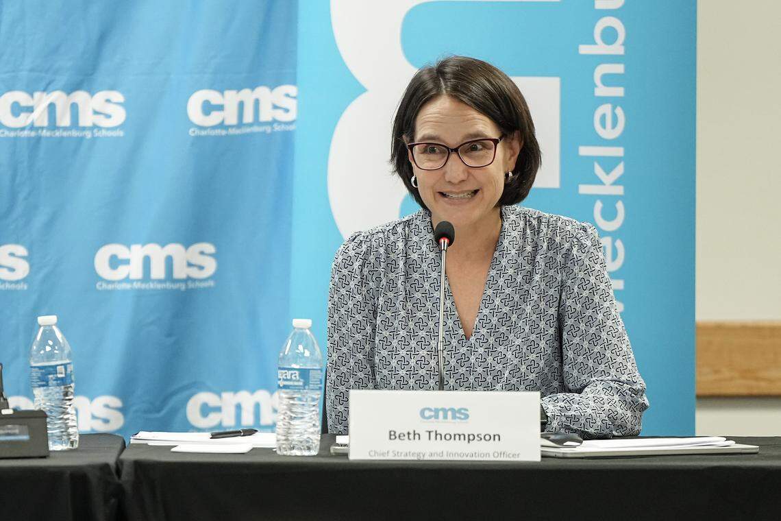 Beth Thompson, Chief Strategy and Innovation Officer speaks during the Charlotte-Mecklenburg Schools Back-to-School Briefing at Central Piedmont Community College Tuesday, Aug. 19, 2025, in Charlotte, N.C.